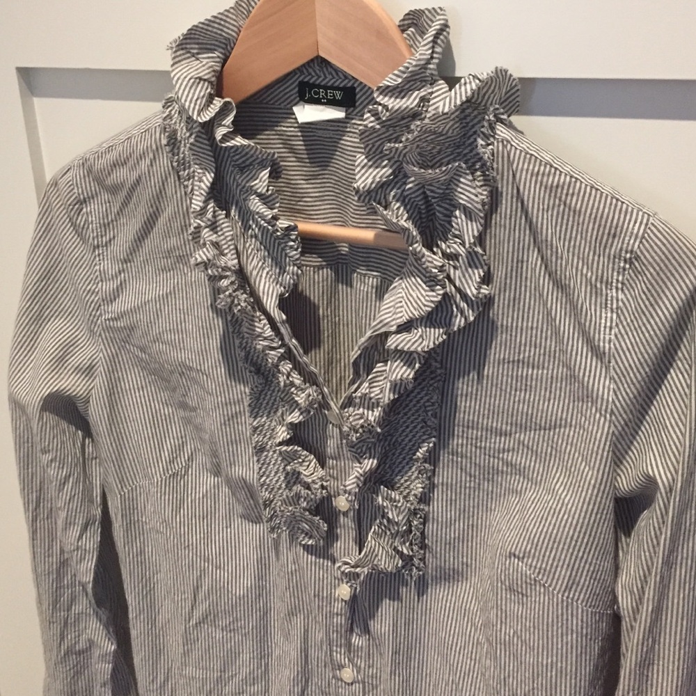 J Crew ruffled neck stripe button up sz Small